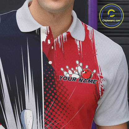 Custom Red, White And Blue Bowling Team Polo Shirts For Men, Bowling Jerseys IPHW9546