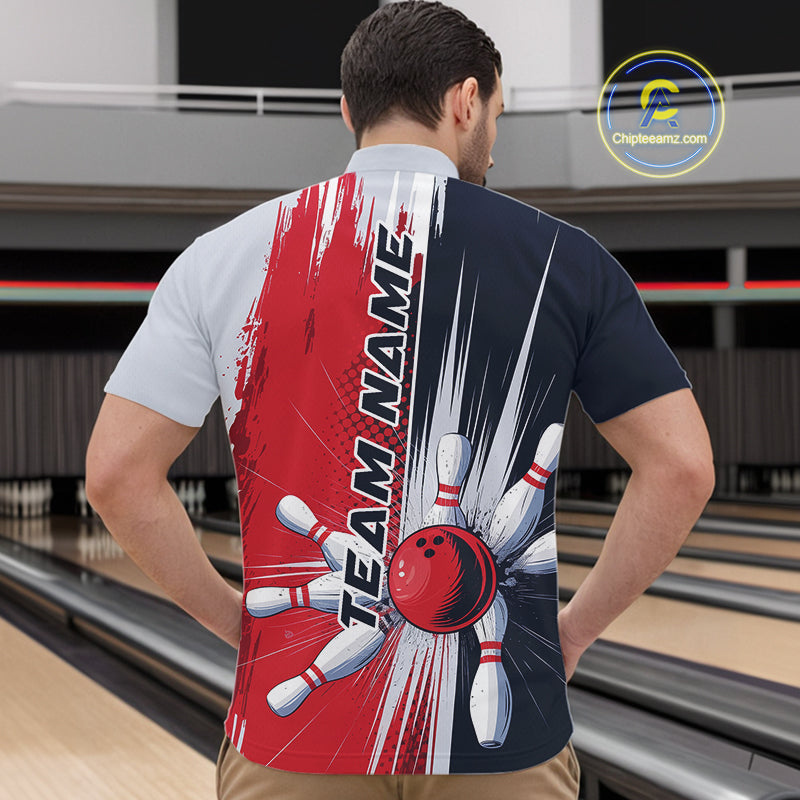 Custom Red, White And Blue Bowling Team Quarter-Zip Shirts For Men, Bowling Jerseys IPHW9546