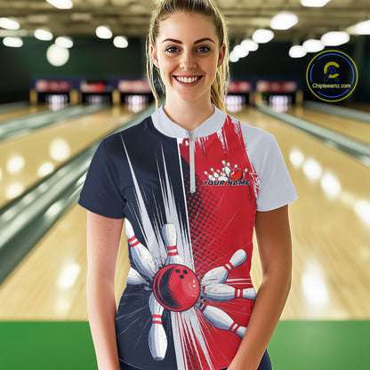 Custom Red, White And Blue Bowling Team Quarter-Zip Shirts For Women, Bowling Jerseys IPHW9546
