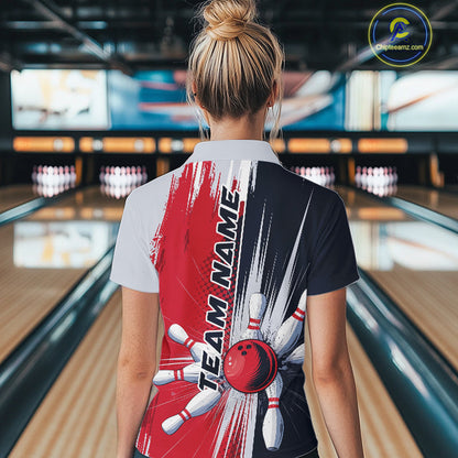Custom Red, White And Blue Bowling Team Quarter-Zip Shirts For Women, Bowling Jerseys IPHW9546
