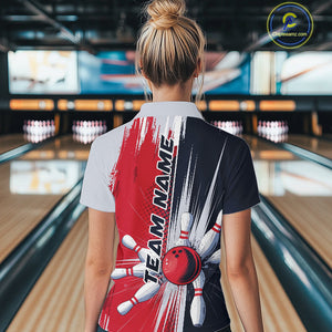Custom Red, White And Blue Bowling Team Quarter-Zip Shirts For Women, Bowling Jerseys IPHW9546