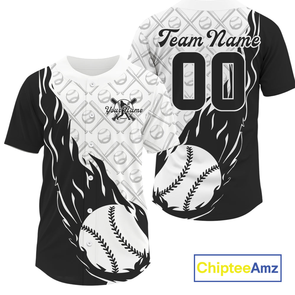 Custom Black And White Flame Team Baseball Jerseys For Men, Baseball Lovers Team Uniform IPHW9589