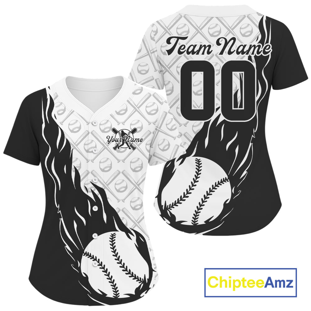 Custom Black And White Flame Team Baseball Jerseys For Women, Baseball Lovers Team Uniform IPHW9589
