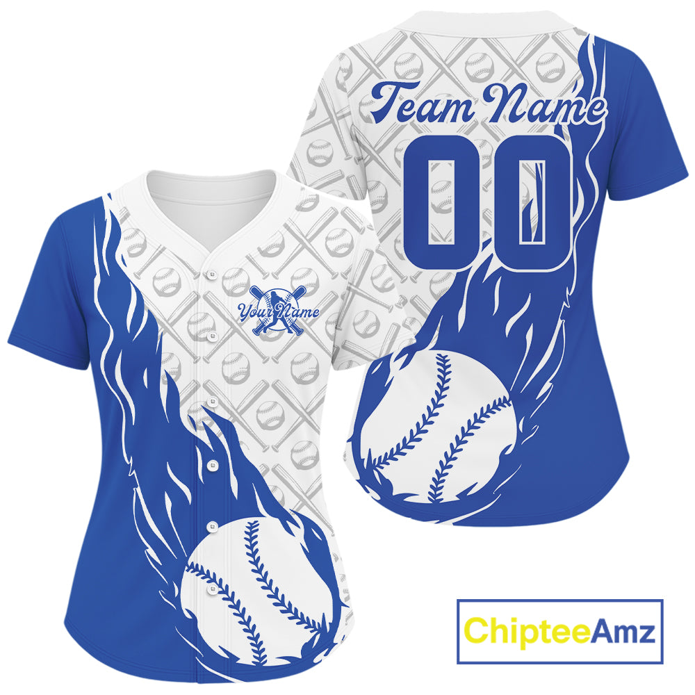 Custom Blue Flame Team Baseball Jerseys For Women, Baseball Lovers Team Uniform IPHW9591
