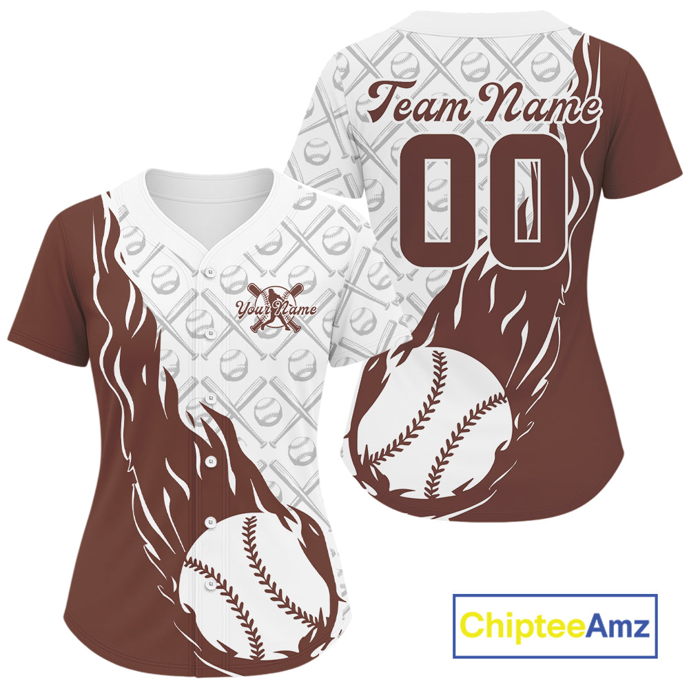 Custom Brown Flame Team Baseball Jerseys For Women, Baseball Lovers Team Uniform IPHW9592