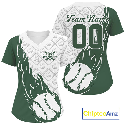 Custom Green Flame Team Baseball Jerseys For Women, Baseball Lovers Team Uniform IPHW9593