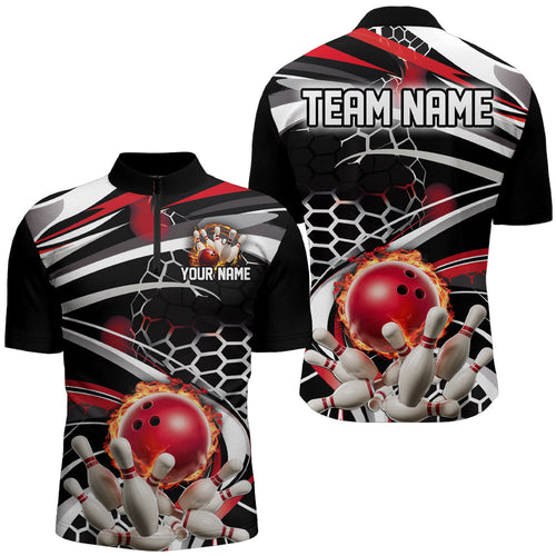 Red And Black Custom Flame Bowling Shirt Outfit Bowling, Bowling Team League Quarter Zip Shirts  IPHW6771