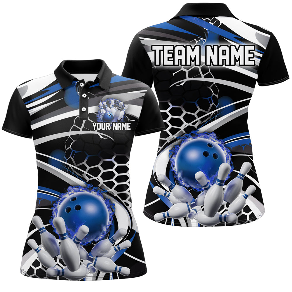 Blue And Black Custom Flame Bowling Shirt Outfit Bowling, Ladies Bowling Team League Shirts IPHW6772