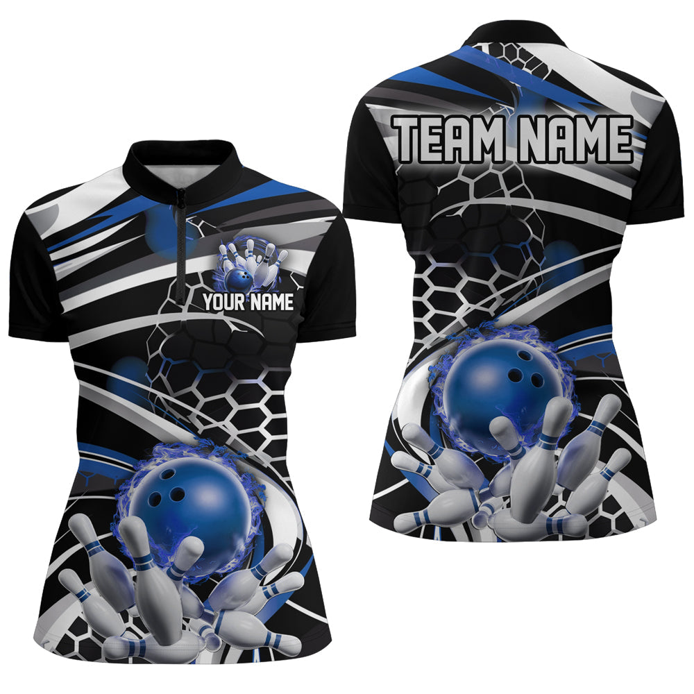 Blue And Black Custom Flame Bowling Shirt Outfit Bowling, Ladies Bowling Team League Shirts IPHW6772