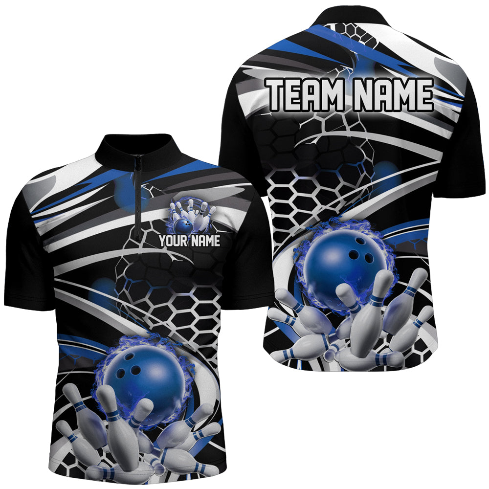 Blue And Black Custom Flame Bowling Shirt Outfit Bowling, Bowling Team League Quarter Zip Shirts  IPHW6772