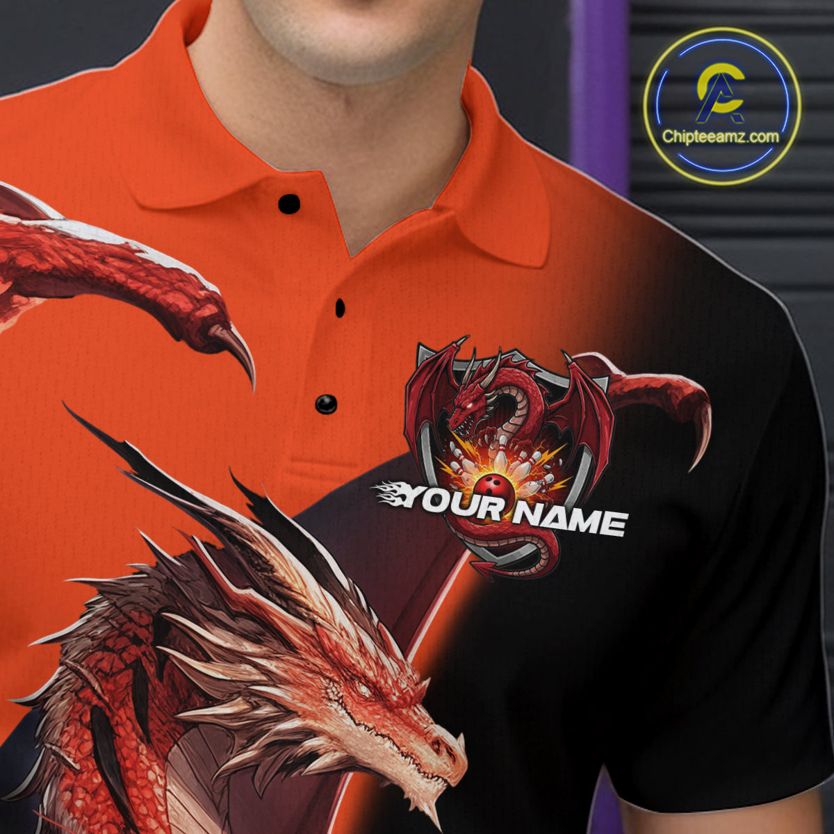 Custom Red Orange Dragon Flame Bowling Polo Shirts For Men, Bowling Tournament Shirt IPHW9330
