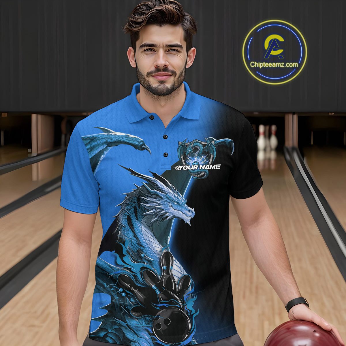 Custom Blue Dragon Flame Bowling Polo Shirts For Men, Bowling Tournament Shirt IPHW9331
