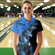 Load image into Gallery viewer, Custom Blue Dragon Flame Bowling Polo Shirts For Women, Bowling Tournament Shirt IPHW9331
