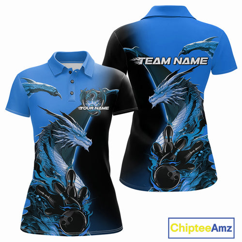 Custom Blue Dragon Flame Bowling Polo Shirts For Women, Bowling Tournament Shirt IPHW9331