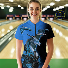Load image into Gallery viewer, Custom Blue Dragon Flame Bowling Quarter-Zip Shirt For Women, Bowling Tournament Shirt IPHW9331