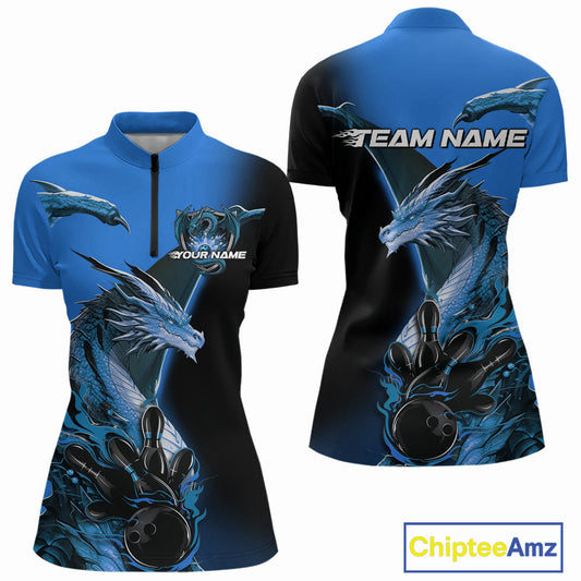 Custom Blue Dragon Flame Bowling Quarter-Zip Shirt For Women, Bowling Tournament Shirt IPHW9331