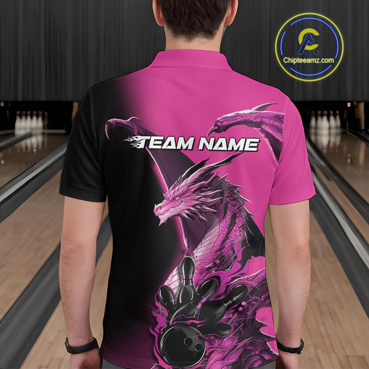 Custom Pink Dragon Flame Bowling Polo Shirts For Men, Bowling Tournament Shirt IPHW9332