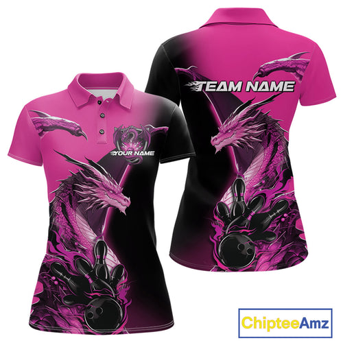 Custom Pink Dragon Flame Bowling Polo Shirts For Women, Bowling Tournament Shirt IPHW9332