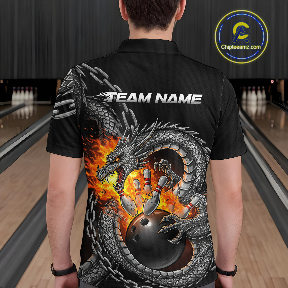 Custom Metal Chain Flame Dragon Bowling Polo Shirts For Men, Bowlin Team Shirt IPHW9097