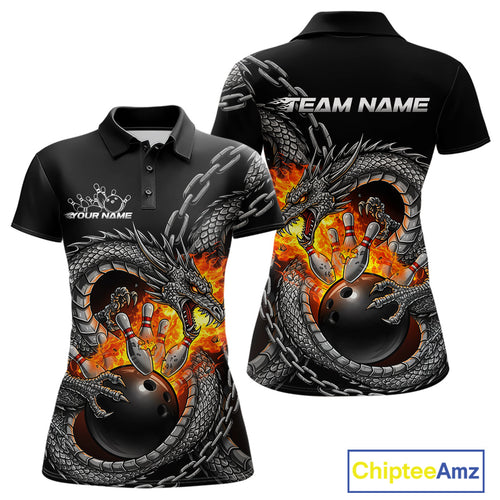 Custom Metal Chain Flame Dragon Bowling Polo Shirts For Women, Bowlin Team Shirt IPHW9097