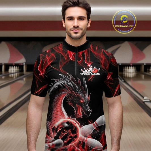 Custom Black And Red Fire Flame Dragon Bowling Quarter-Zip Shirt For Men, Dragon Bowling Jersey IPHW9821