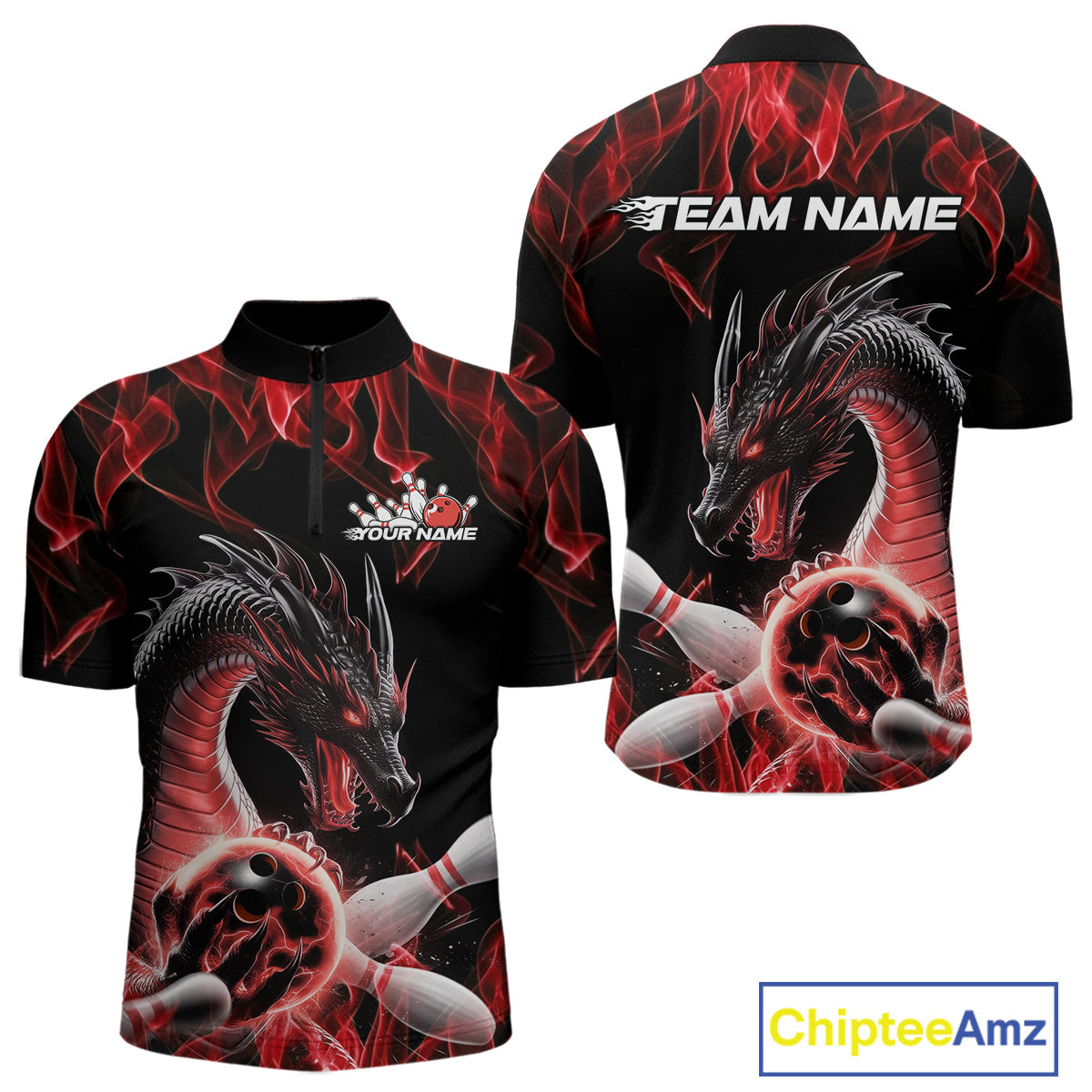 Custom Black And Red Fire Flame Dragon Bowling Quarter-Zip Shirt For Men, Dragon Bowling Jersey IPHW9821