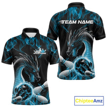 Load image into Gallery viewer, Custom Black And Blue Fire Flame Dragon Bowling Polo Shirt For Men, Dragon Bowling Jersey IPHW9822