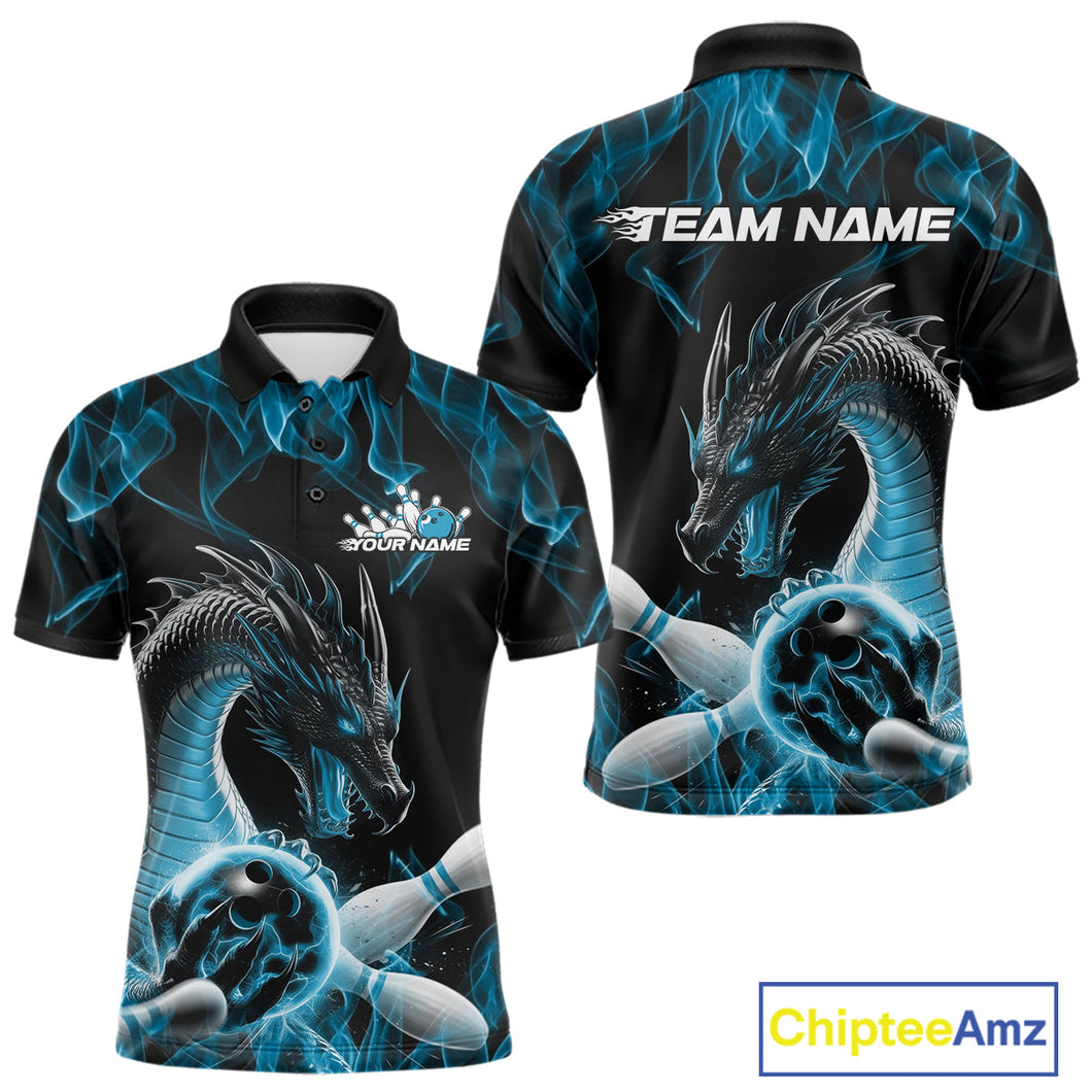 Custom Black And Blue Fire Flame Dragon Bowling Polo Shirt For Men, Dragon Bowling Jersey IPHW9822