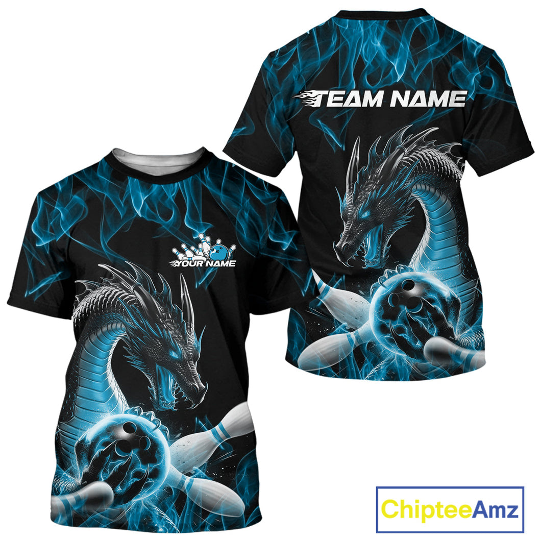 Custom Black And Blue Fire Flame Dragon Bowling T-Shirts For Men, Dragon Bowling Jersey IPHW9822