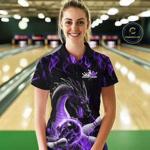 Custom Black And Purple Fire Flame Dragon Bowling Women Polo Shirt, Dragon Bowling Jersey IPHW9823