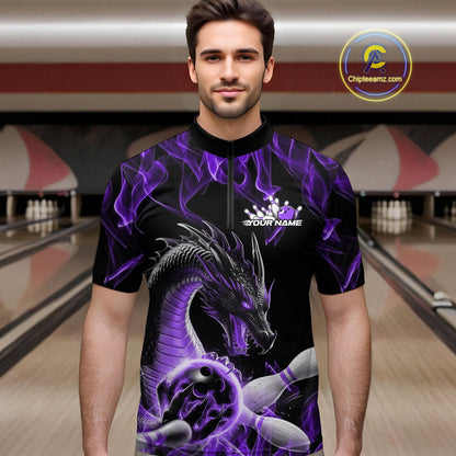 Custom Black And Purple Fire Flame Dragon Bowling Men Quarter-Zip Shirt, Dragon Bowling Jersey IPHW9823
