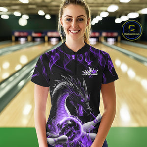 Custom Black And Purple Fire Flame Dragon Bowling Women Quarter-Zip Team Shirt IPHW9823