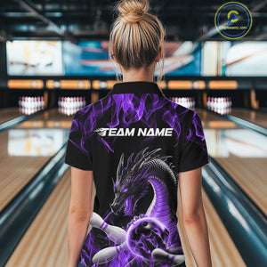 Custom Black And Purple Fire Flame Dragon Bowling Women Quarter-Zip Team Shirt IPHW9823