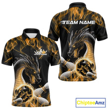 Load image into Gallery viewer, Custom Black And Gold Fire Flame Dragon Bowling Polo Shirt For Men, Dragon Bowling Jersey IPHW9824
