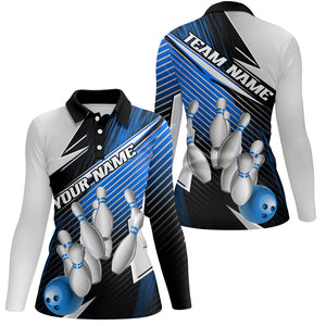 Black And Blue Custom Bowling Team Shirt For Women, Bowling Tournament Bowling League Shirt IPHW7936