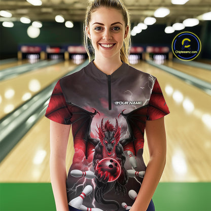 Custom Red Thunder Lightning Dragon Bowling Women Quarter-Zip Shirts, Team Uniform IPHW9103