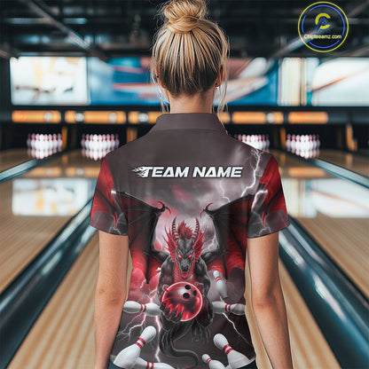 Custom Red Thunder Lightning Dragon Bowling Women Quarter-Zip Shirts, Team Uniform IPHW9103