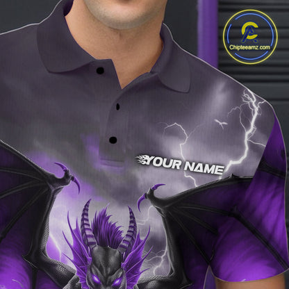 Custom Purple Thunder Lightning Dragon Bowling Polo Shirts For Men, Team Uniform IPHW9104