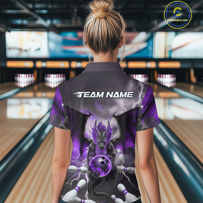 Custom Purple Thunder Lightning Dragon Bowling Polo Shirts For Women, Team Uniform IPHW9104