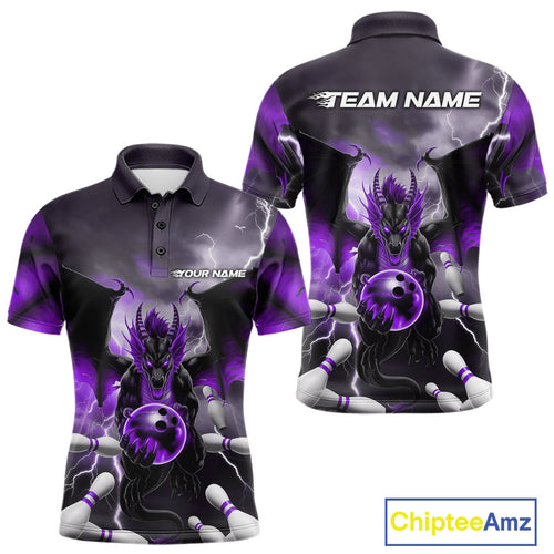 Custom Purple Thunder Lightning Dragon Bowling Polo Shirts For Men, Team Uniform IPHW9104