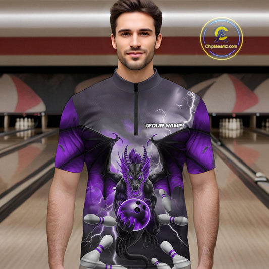 Custom Purple Thunder Lightning Dragon Bowling Quarter-Zip Shirts For Men, Team Uniform IPHW9104