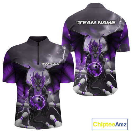 Custom Purple Thunder Lightning Dragon Bowling Quarter-Zip Shirts For Men, Team Uniform IPHW9104