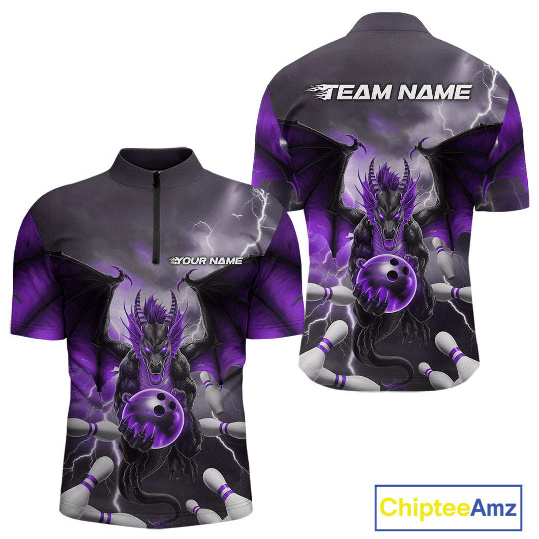 Custom Purple Thunder Lightning Dragon Bowling Quarter-Zip Shirts For Men, Team Uniform IPHW9104