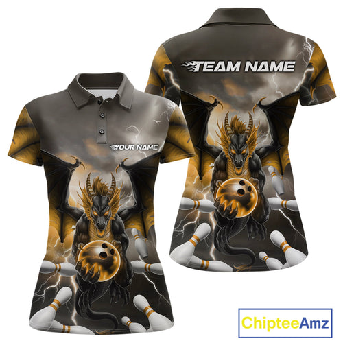 Custom Yellow Thunder Lightning Dragon Bowling Polo Shirts For Women, Team Uniform IPHW9105