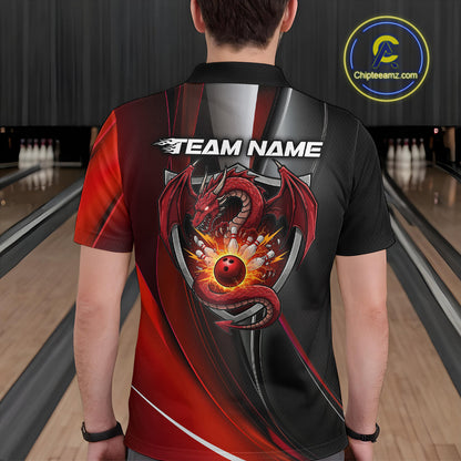 Custom Black And Red Dragon Bowling Polo Shirts For Men, Dragon Bowling Jersey IPHW9342