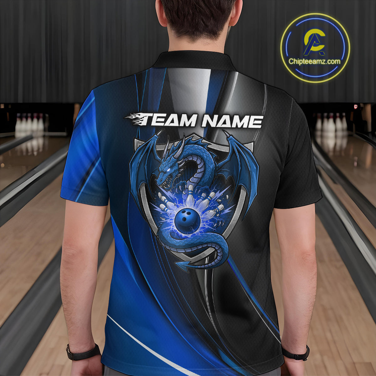 Custom Black And Blue Dragon Bowling Polo Shirts For Men, Dragon Bowling Jersey IPHW9343