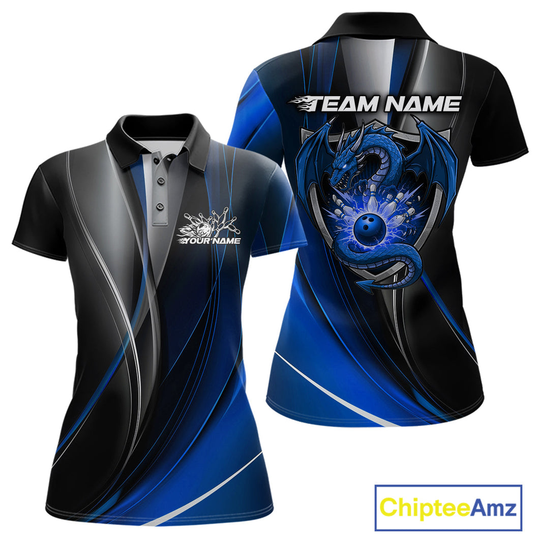 Custom Black And Blue Dragon Bowling Polo Shirts For Women, Dragon Bowling Jersey IPHW9343