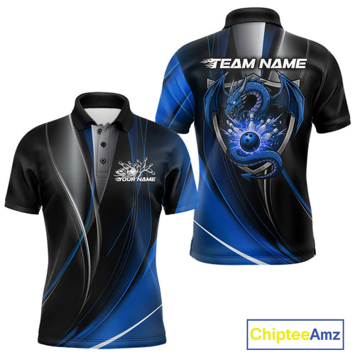Custom Black And Blue Dragon Bowling Polo Shirts For Men, Dragon Bowling Jersey IPHW9343