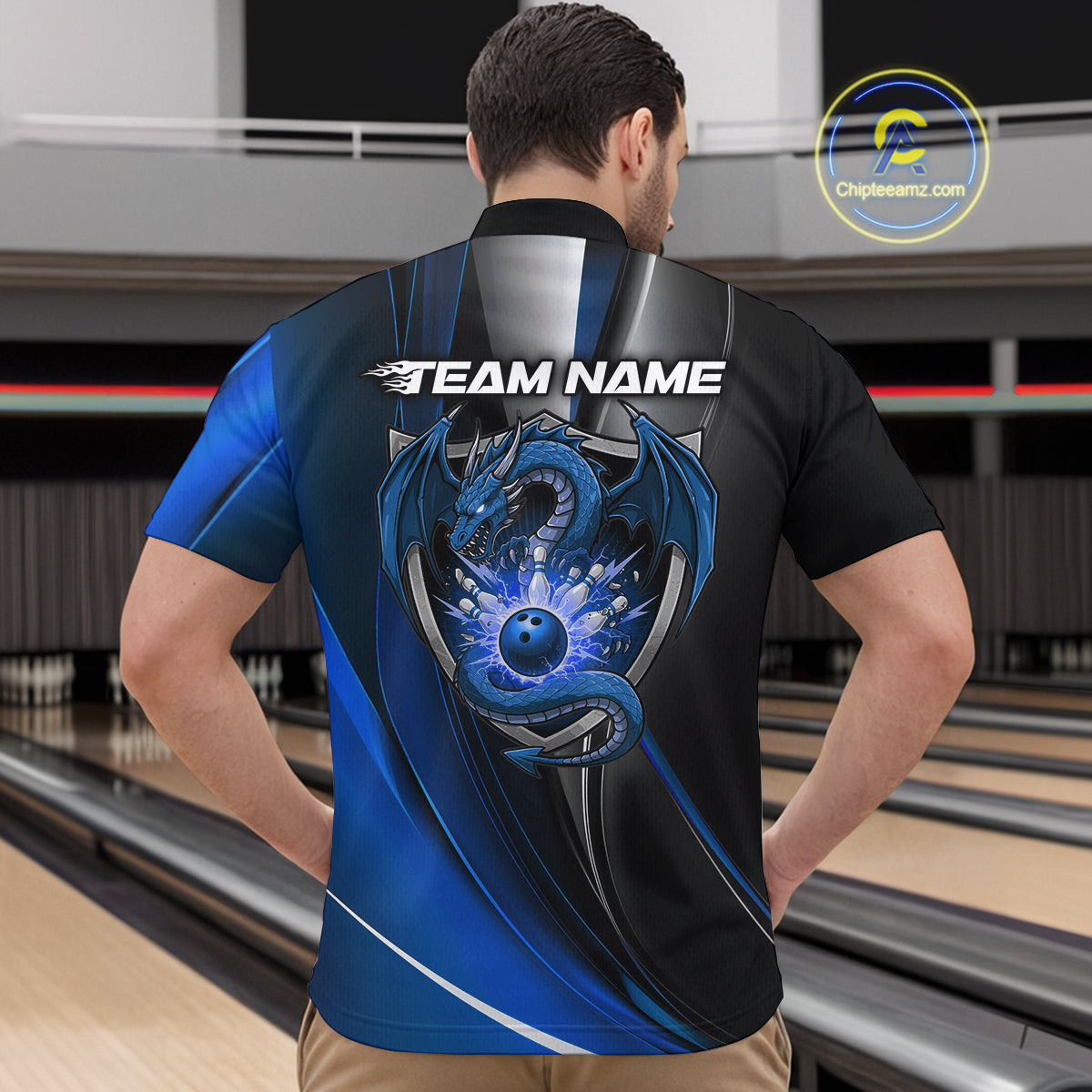 Custom Black And Blue Dragon Bowling Quarter-Zip Shirts For Men, Dragon Bowling Jersey IPHW9343