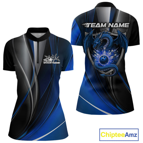 Custom Black And Blue Dragon Bowling Quarter-Zip Shirts For Women, Dragon Bowling Jersey IPHW9343